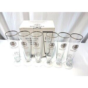Set of 6 Warsteiner German Pilsner Beer Glasses 0.4L Footed Gold Rim  10" Tall